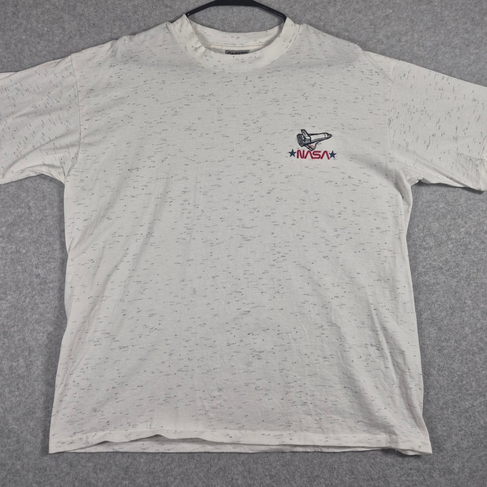 Vintage Oneita NASA T Shirt Mens Large White Speckled Space Shuttle Embroidered